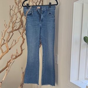 MOTHER Blue “The Weekender Fray” High-Rise Flare Jeans